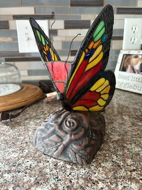 Stained Glass Butterfly Sculpture - Red, Yellow & Green Home Art